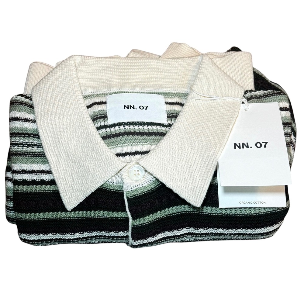 NN.07 Nolan Polo Cardigan Mens Large Green Striped Organic Cotton Knit Shirt